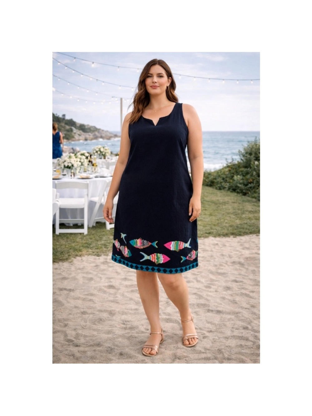 Talbots Navy Sleeveless Sheath Dress with Colorful Fish  Embroidery Sequins 22W